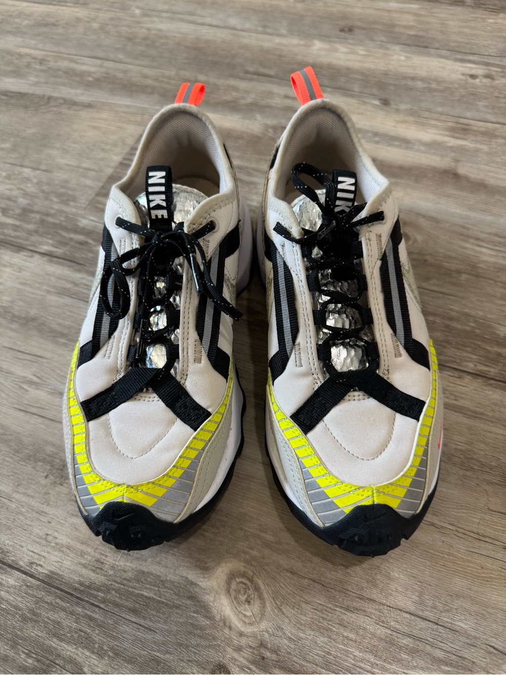 Nike Women’s White, Black & Neon Yellow Athletic Sneakers with Coral Pull Tabs